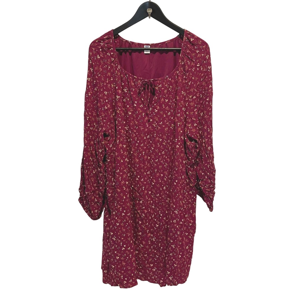 Old Navy Floral Print Mini Dress Maroon Tie Neck Long Sleeve XXL